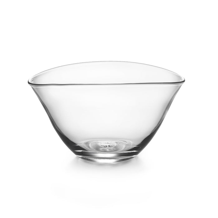 Clear glass bowl with curved sides and a flat rim, viewed from the front against a white background.