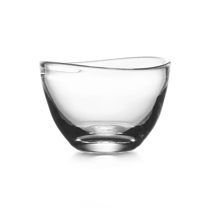 Small clear glass bowl with curved wavy rim and rounded bottom.
