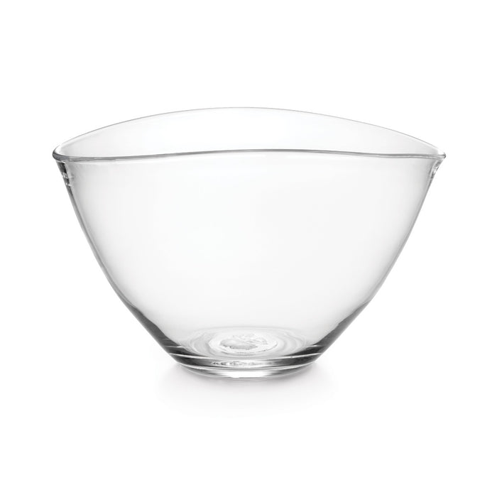 Clear glass bowl with curved sides and a flat rim, suitable for serving or mixing.