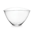 Clear glass bowl with curved sides and a flat rim, suitable for serving or mixing.