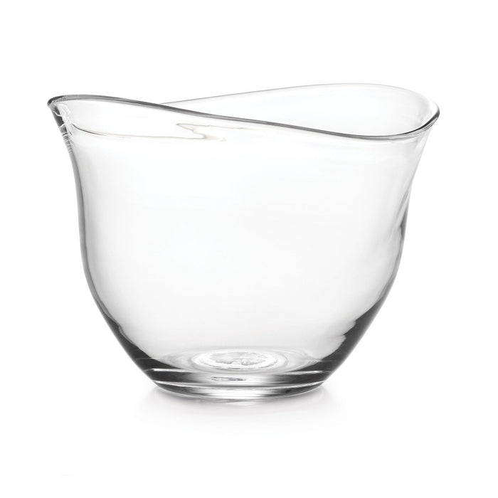 Clear glass bowl with curved wavy rim and rounded base.