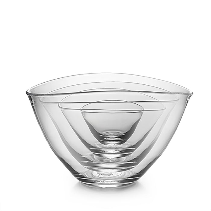 Three clear glass nesting bowls with curved sides and rounded bottoms, stacked together.