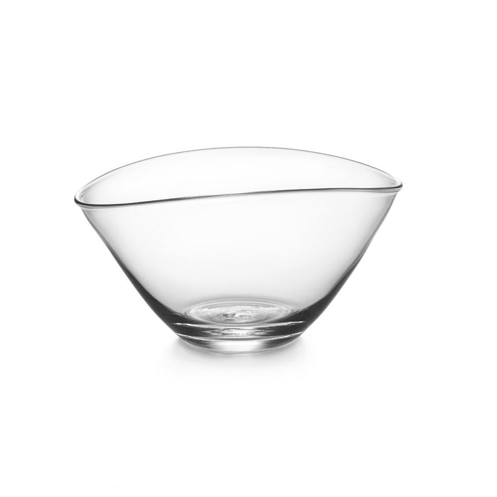 Clear glass bowl with curved sides and a pouring spout on one edge.