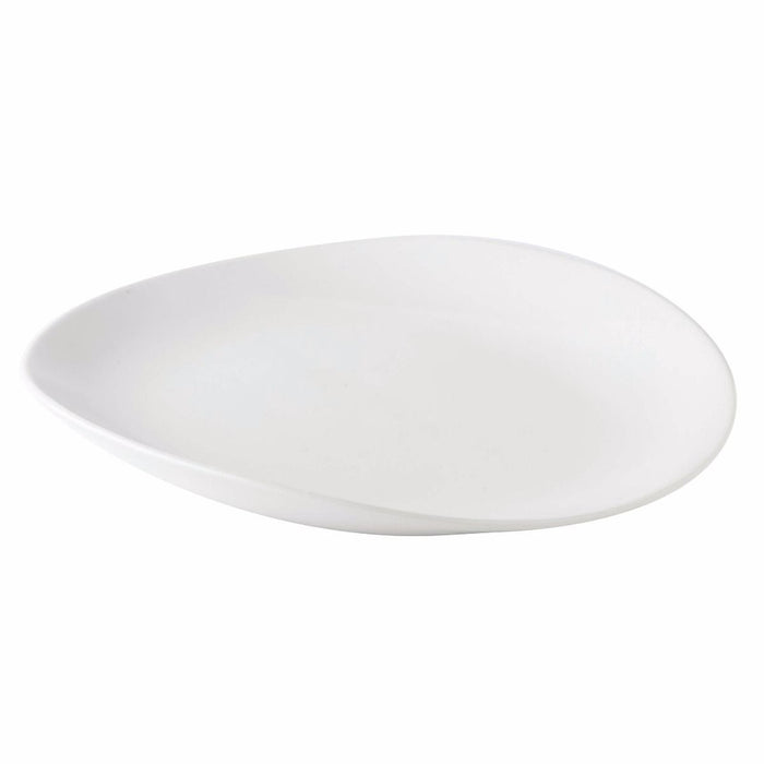White oval dinner plate with slightly raised rim and smooth finish.