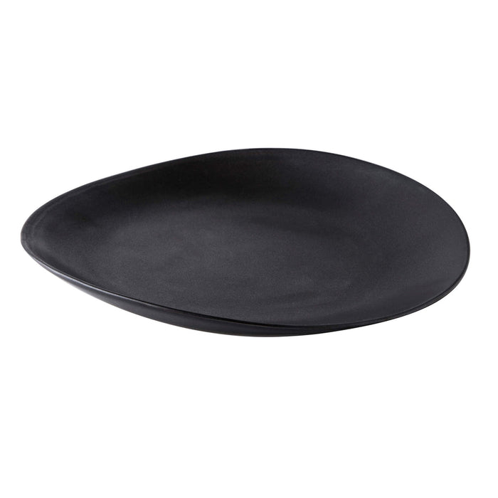 Slate-colored ceramic dinner plate with a flat, slightly curved rim and matte finish.