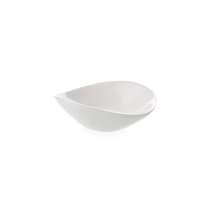 White ceramic bowl with curved asymmetrical shape and pouring spout.