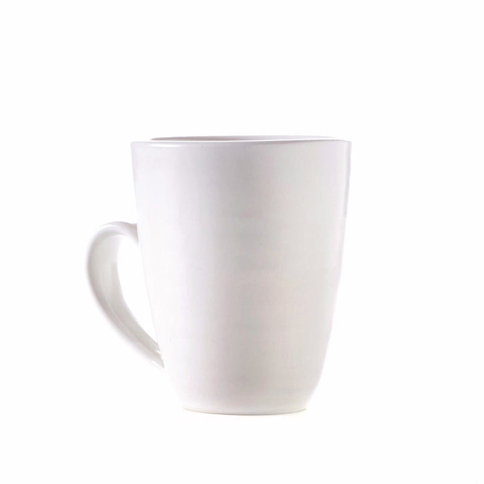 White ceramic mug with curved handle on white background.