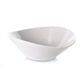 White ceramic pasta bowl with asymmetrical curved sides and tapered bottom.