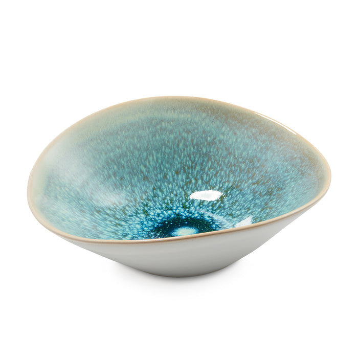 Barre pasta bowl with lagoon blue glaze and speckled interior pattern, white exterior base.
