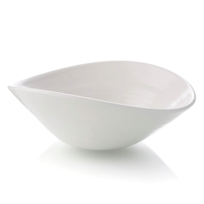 White ceramic serving bowl with curved sides and a pouring spout on one end.