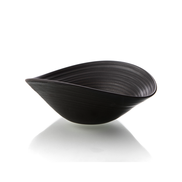 Slate-colored serving bowl with asymmetrical teardrop shape and ridged interior texture.
