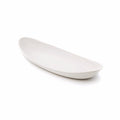 White oval serving platter with curved sides and rounded edges.
