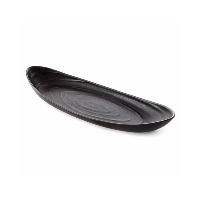 Slate-colored oval serving platter with curved sides and textured surface.