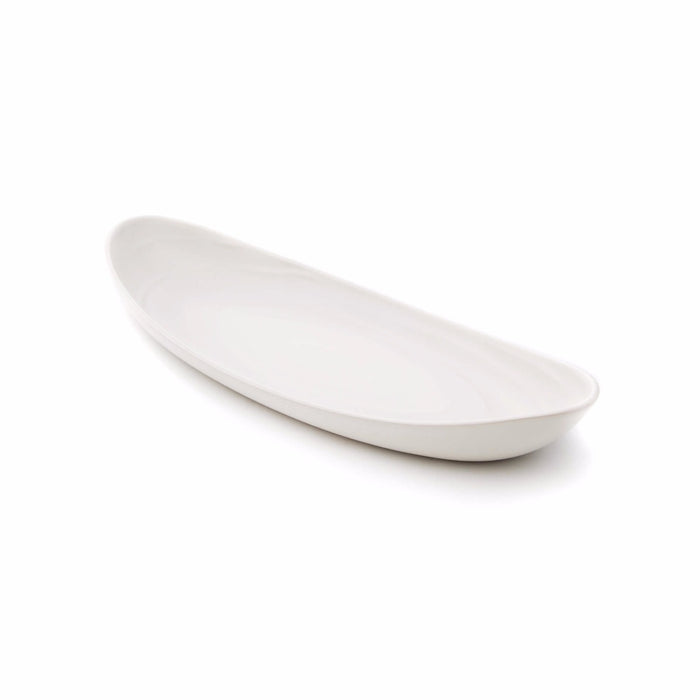White ceramic oval serving platter with curved sides and rounded ends.