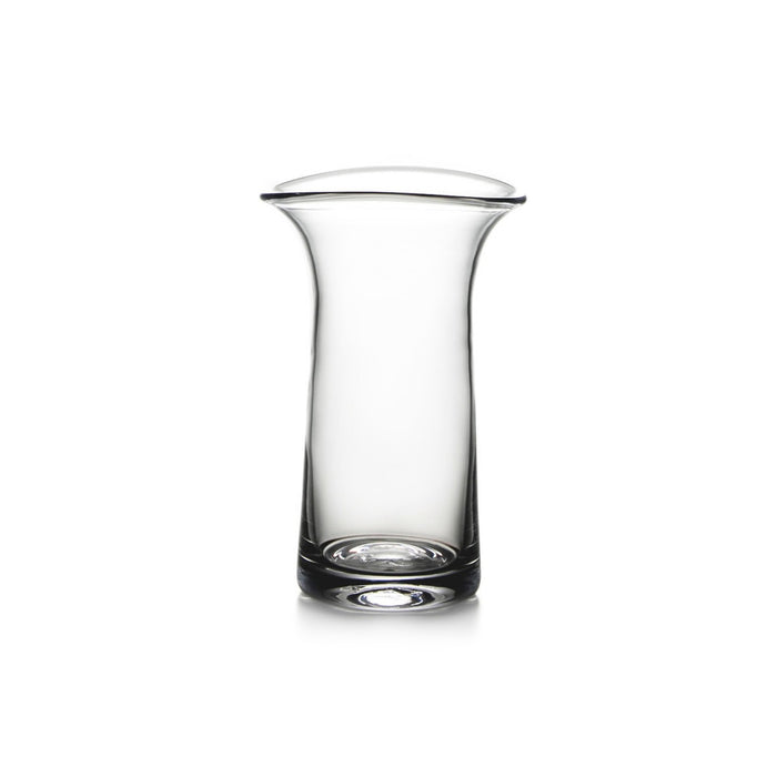 Clear glass cylinder vase with curved sides and flared rim opening.