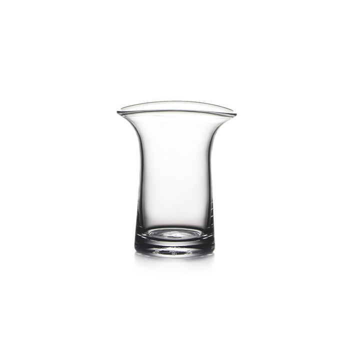 Clear glass vase with curved sides and flared rim opening.