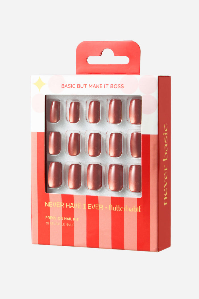 Basic But Make It Boss square press-on nails in a red and pink striped box
