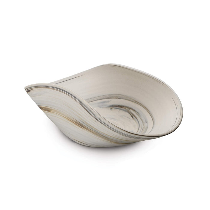 Cream-colored ceramic bowl with curved shell-like shape and subtle gray striations throughout.