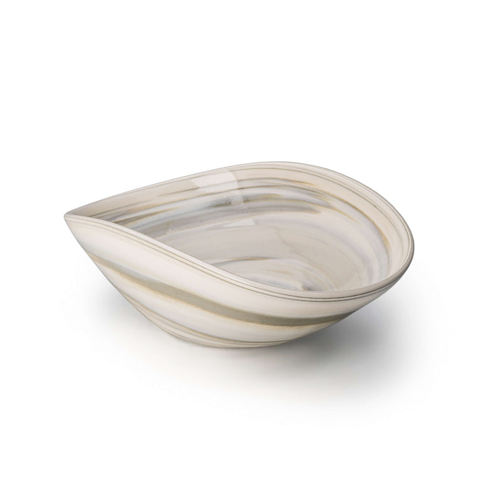 Oval ceramic serving bowl with cream and gray striped pattern and curved pouring spout.