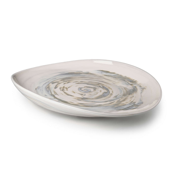 Sand-colored oval serving platter with swirled gray and tan pattern throughout.