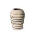 Cream ceramic vase with horizontal tan and gray striped bands throughout.