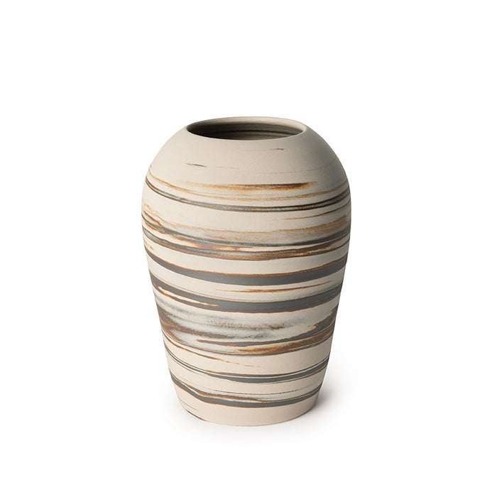 Cream ceramic vase with horizontal tan and gray striped bands throughout.