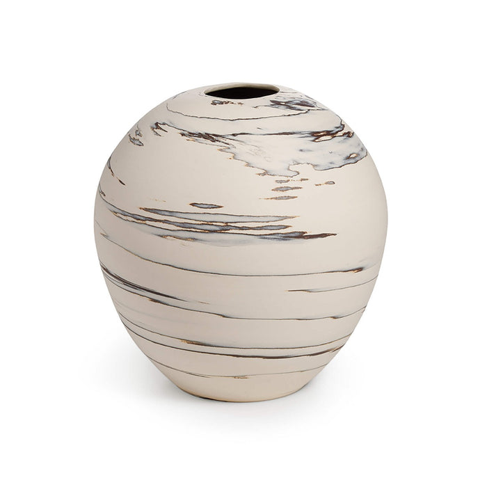 Round cream-colored ceramic vase with gray and brown striped pattern throughout.