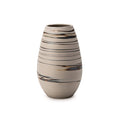 Tall ceramic vase with tapered shape, cream body with charcoal and rust-toned horizontal stripe details.