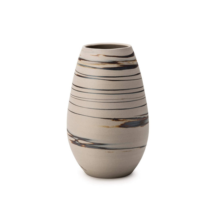 Tall ceramic vase with tapered shape, cream body with charcoal and rust-toned horizontal stripe details.
