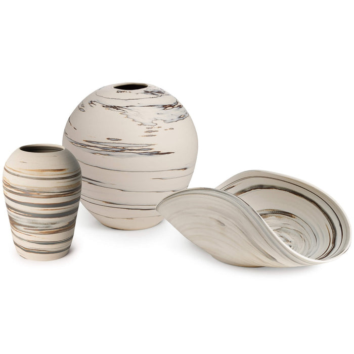 Tall cream-colored ceramic vase with gray and brown horizontal striped pattern throughout.