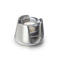 Silver metallic tealight holder with glass insert containing a cream-colored candle and visible wick.