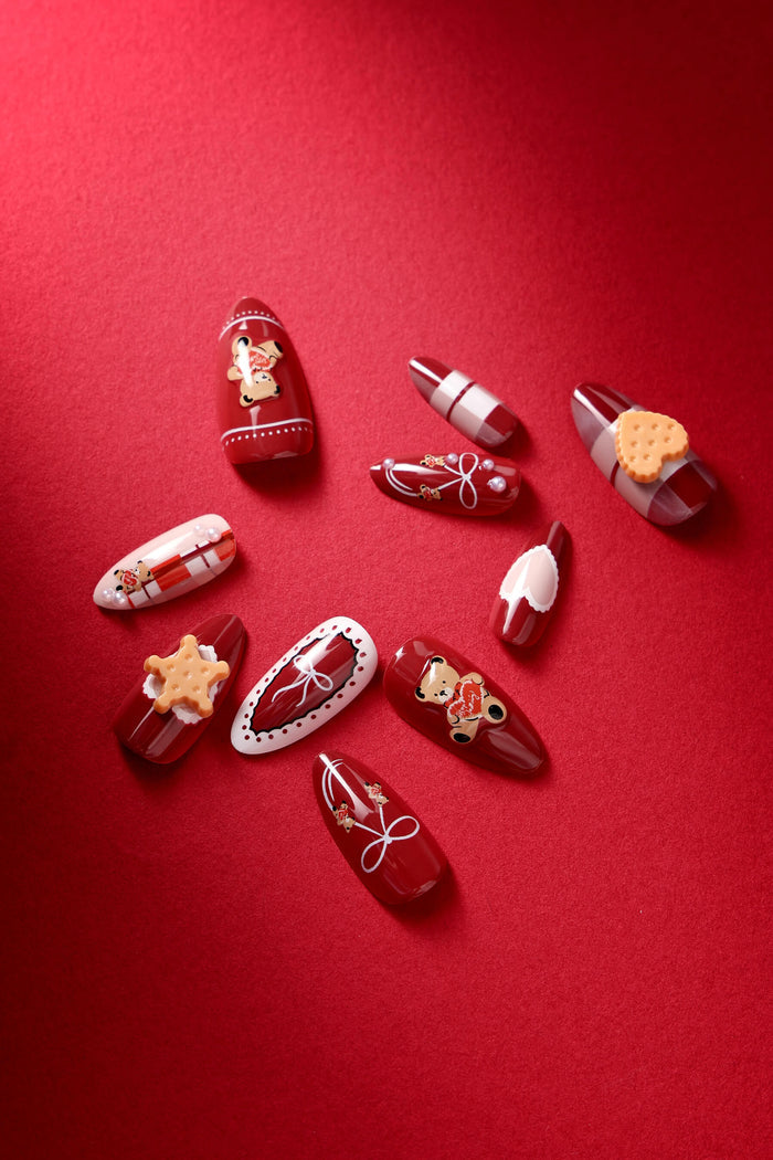 Bear Yummy almond press-on nails with teddy bear and cookie designs