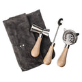 Three barware tools with beechwood handles and metal heads displayed with a dark gray leather sheath.