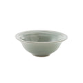 Celadon ceramic cereal bowl with crackle glaze finish and wide rim.
