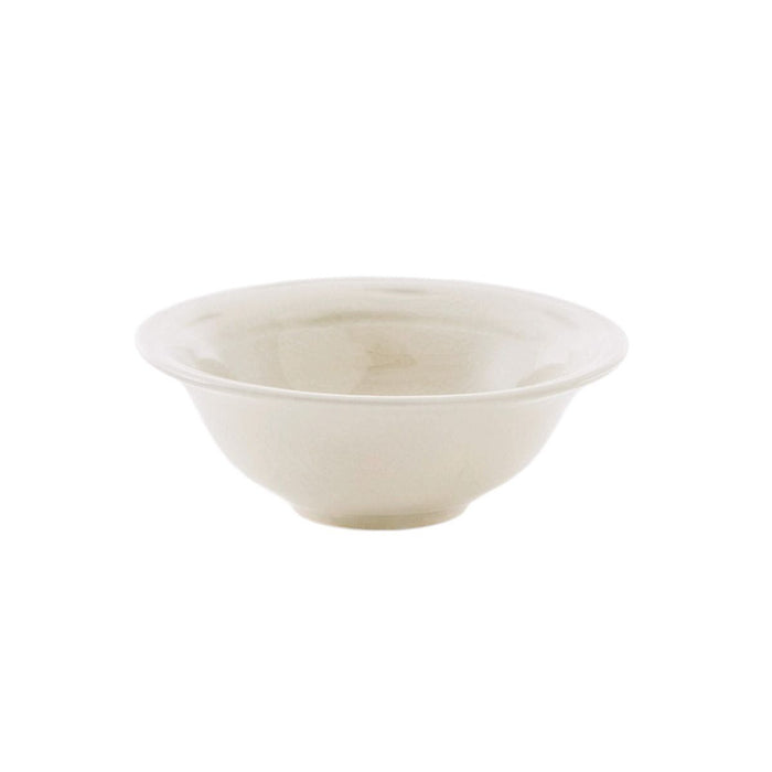 Ivory ceramic cereal bowl with crackle glaze finish and wide flared rim.