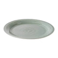 Celadon ceramic dinner plate with crackle glaze finish and concentric ring detail.