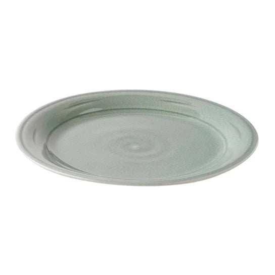 Celadon ceramic dinner plate with crackle glaze finish and concentric ring detail.