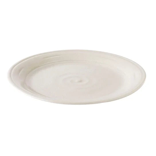 Ivory ceramic dinner plate with crackle glaze finish and concentric ring pattern.