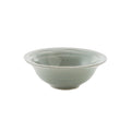 Celadon crackle finish ceramic bowl with wide rim and rounded sides.