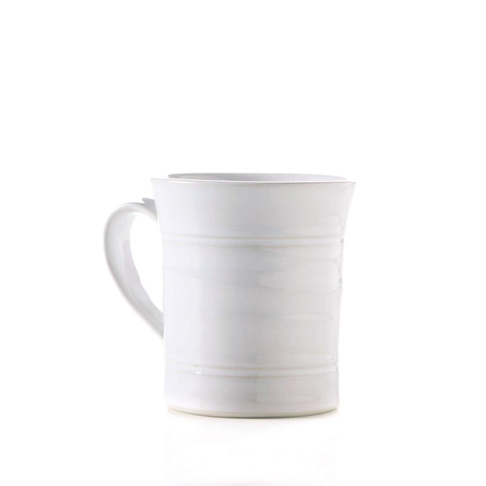 White ceramic mug with horizontal stripe details and a curved handle.