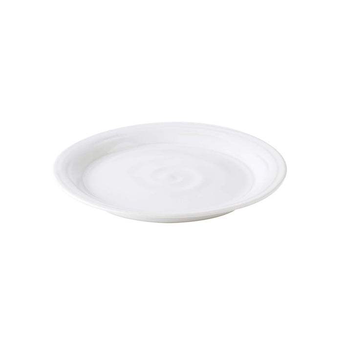 White ceramic dinner plate with curved rim and shallow well.