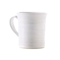 White ceramic mug with horizontal stripe detailing and curved handle.