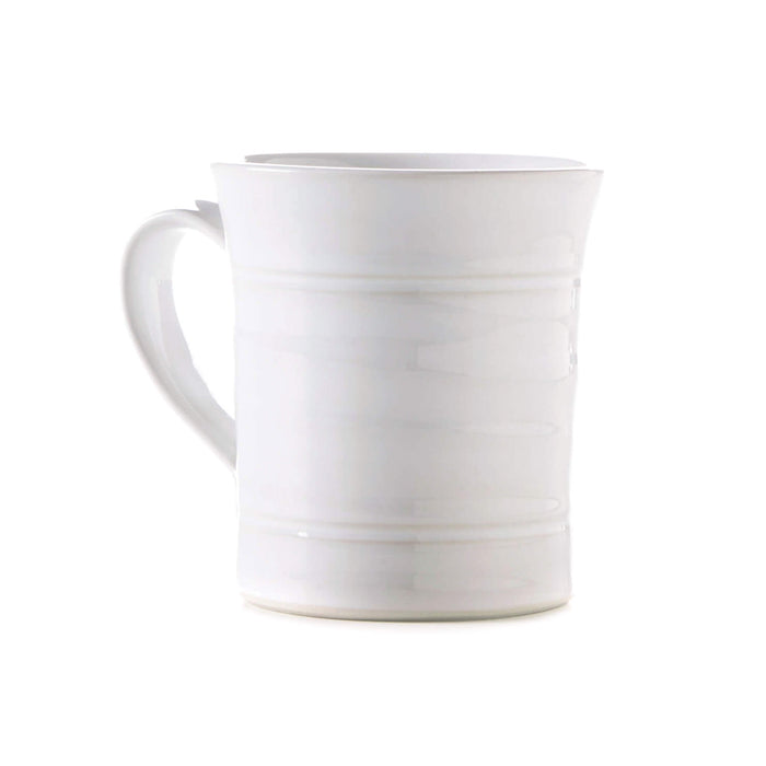 White ceramic mug with horizontal stripe detailing and curved handle.