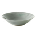 Celadon crackle ceramic pasta bowl with wide shallow bowl shape and small pouring spout.