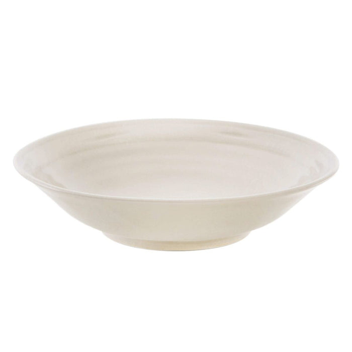Ivory ceramic pasta bowl with crackle texture and wide shallow shape.