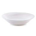 Dove-colored ceramic pasta bowl with wide, shallow sides and textured concentric ring pattern.