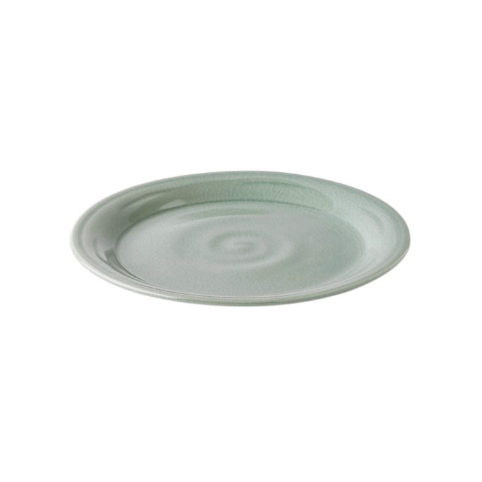 Celadon ceramic side plate with crackle glaze finish and concentric ring design.