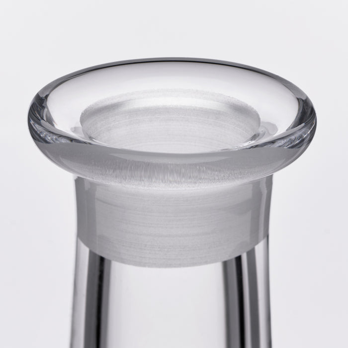 Clear glass decanter with wide flared rim and frosted band detail around the neck.