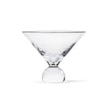 Clear martini glass with wide triangular bowl and bulbous stem base on white background.