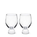 Two clear glass tumblers with rounded bases and wide bowls, displayed side by side.